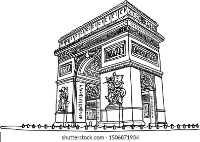 Arc de Triomphe or Triumphal Arch of the Star in France vector illustration sketch doodle hand drawn with black lines isolated on white background