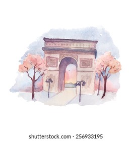 The arc de Triumph in Paris. Watercolor landmark sketch with famous monument in capital of France. Vector artistic illustration