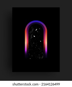 Arc doorway to the universe abstract poster or wall art print design template with bright colorful arch doorway and starry space on black background. Vector illustration