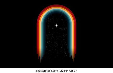 Arc doorway to the universe abstract poster or wall art print design template with bright colorful arch doorway and starry space on black background. Retro Colors from the 1970s 1980s, 70s, 80s, 90s