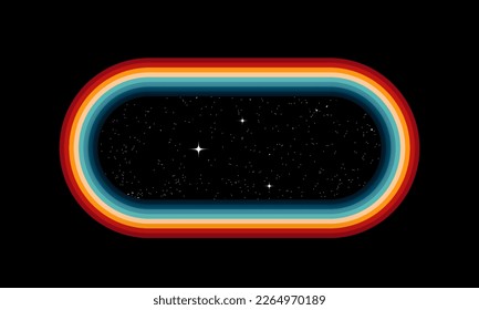 Arc doorway to the universe abstract poster or wall art print design template with bright colorful arch doorway and starry space on black background. Retro Colors from the 1970s 1980s, 70s, 80s, 90s