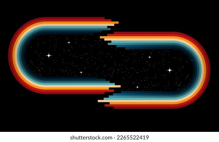 Arc doorway to the universe abstract poster or wall art print design template with bright colorful arch doorway and starry space on black background. Retro Colors from the 1970s 1980s, 70s, 80s, 90s
