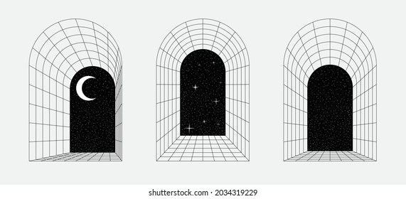 Arc frame, line design element, gate with starry night background. Vector illustration isolated on white background, EPS 10