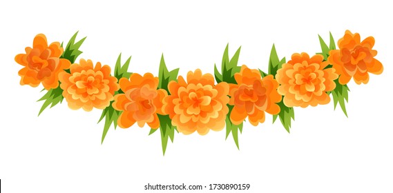 Arc garland of orange marigold blooms and green leaves in cartoon style. Vector object isolated on white background