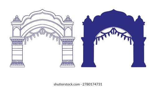 arc gate  hand drawn vector ink traditional oriental asian Indian design isolated