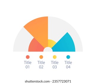 Plantilla de diseño de gráfico de infografía de arco con cuatro pasteles. Desarrollo de la empresa. Gráfico de semicircunferencia editable con diferentes segmentos. Presentación de datos visuales. Multitud de tipos de letra Pro-Bold, con uso regular