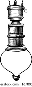 Eine Bogenlampe, die der Art von elektrischen Lampen ist. Es wurde 1800 von Humphrey Davy erfunden. Es besteht aus zwei Elektroden und ist mit etwas Gas gefüllt, mit Vintage-Linien-Zeichnung oder Gravur-Illustration.