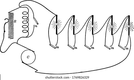 Arc lamps in series, showing, when the number of lamps is increased, the voltage of the dynamo is correspondingly increased, vintage line drawing or engraving illustration.