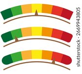 Arc level indicators. Colorful measuring gauges. Rating system scales. Vector progress emblems. EPS 10.