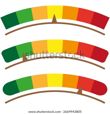 Arc level indicators. Colorful measuring gauges. Rating system scales. Vector progress emblems. EPS 10.