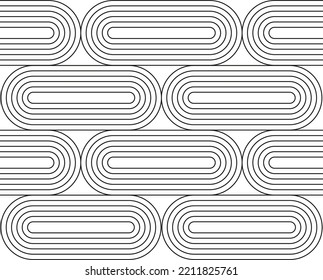 Arc and line semiarc trendy geometric seamless pattern. Contemporary art design, black semicircles retro background. Bauhaus style minimalistic vector print