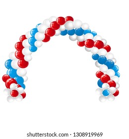 Arc made of white, red, blue balloons isolated on white background. Vector cartoon close-up illustration.