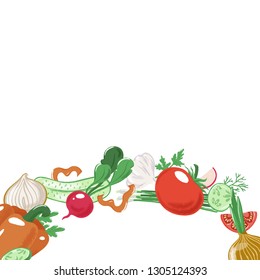Arc, round strip of vegetables - tomato, bell pepper, radish, onion, cucumber, garlic and ruccola, salad ingredients, textured vector illustration isolated on white background, banner template