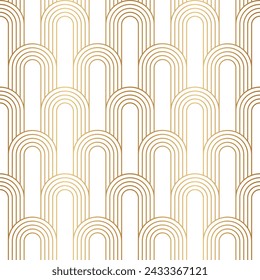 Arc seamless pattern. Repeating circle arch. Gold art deco. Golden background. Repeated geometric design for prints. Rainbow circular shape. Waves repeat round lattice. Vector illustration