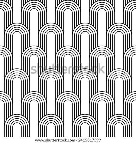 Arc seamless pattern. Repeating circle arch. Black art deco isolated on white background. Repeated geometric design for prints. Rainbow circular shape. Waves repeat round lattice. Vector illustration