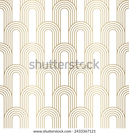 Arc seamless pattern. Repeating circle arch. Gold art deco. Golden background. Repeated geometric design for prints. Rainbow circular shape. Waves repeat round lattice. Vector illustration