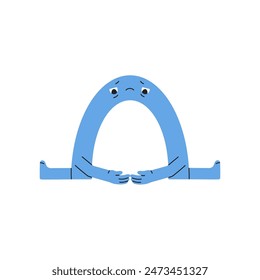 Arc shape with depressed facial expression, unhappy face. Arch figure with upset, melancholy emotions, blue mood. Sad geometric character sits. Flat isolated vector illustration on white background