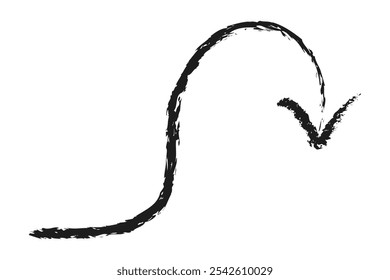 Arc shaped arrow with a downward turn. Hand drawn charcoal arrow.