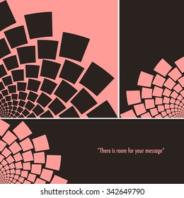 An arc of a stylized flower, or a whirlpool of flying paper, set in 3 different formats, square, bookmark, and banner, in a black and pink palette.
