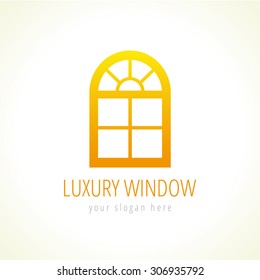 Arc windows vector logo. Abstract template, gold colored sign of constructing architectural company in a shape arch decorative window. Buy or update luxurious windows or doors in traditional style.