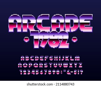 Arcade 1982 alphabet font. Digital letters and numbers. 80s arcade video game typescript.