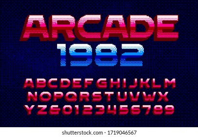 Arcade 1982 Alphabet Font. Pixel Gradient Letters And Numbers. Pixel Background. 80s Arcade Video Game Typescript.