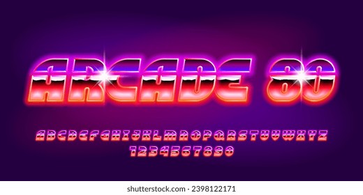 Arcade 80 alphabet typeface. 80s style bright neon letters and numbers. Stock vector typescript for your design.