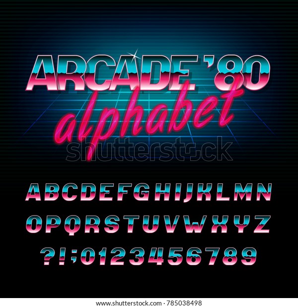 Fuente Del Alfabeto Retro Arcade 80 Efecto Metálico Letras Oblicuas