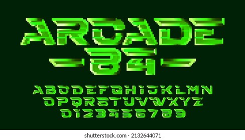 Schriftart mit 84 Alphabeten. Pixel futuristische Buchstaben und Zahlen. Arcade-Videospieltypeface der 80er Jahre.