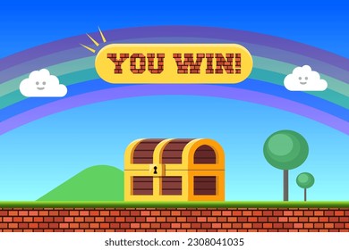 Interfaz de videojuego de ataúd de premio de aventura You Win, nivel de fondo del juego de ordenador. pantalla de juego retro Vector