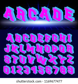 Arcade alphabet font design. Set of letters and numbers 80s retro style. Vector illustration.
