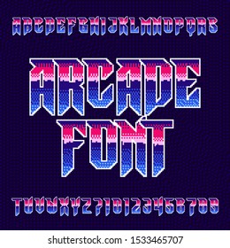 Arcade alphabet font. Pixel letters and numbers in heavy metal style. 80s retro video game typeface.