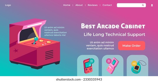 Arcade cabinet with best retro games for playing. Life long technical support, subscribe and get reduction of cost or discount. Website landing page, internet page template. Vector in flat style