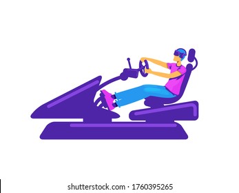 Arcade car racing flat color vector faceless character. Man with VR headset. Player in automobile. Virtual reality gaming experience isolated cartoon illustration for web graphic design and animation