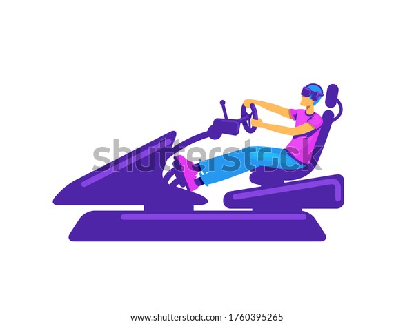 Arcade car racing flat color vector faceless
character. Man with VR headset. Player in automobile. Virtual
reality gaming experience isolated cartoon illustration for web
graphic design and
animation