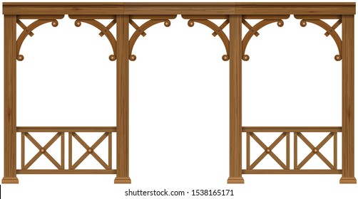 Arcade classic wooden veranda house or shed pergola. Vector graphics