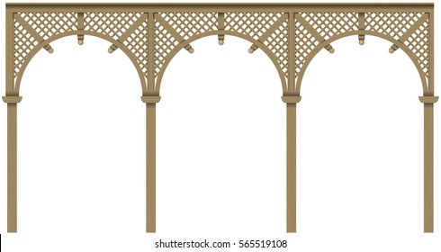 Arcade classic wooden veranda house or shed pergola. Vector graphics