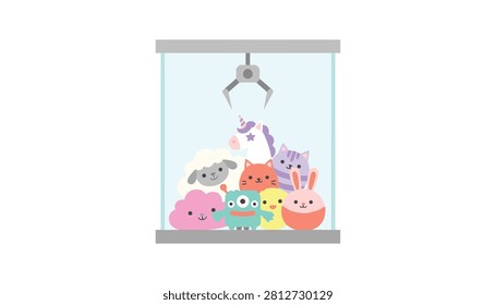 Arcade claw machine filled with assorted cute plush toys including a unicorn and animals waiting to be picked.