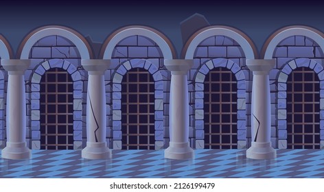 Arcade with columns with stone wall and marble floor. Stone arch vector illustration. Greek antique pillars isolated on white. 