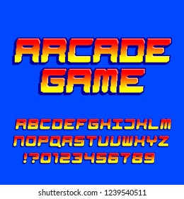 Arcade computer game alphabet font. Pixel gradient oblique letters and numbers. 80s retro video game typescript.