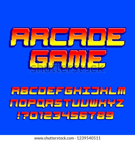 Arcade computer game alphabet font. Pixel gradient oblique letters and numbers. 80s retro video game typescript.