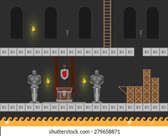 Arcade Computer Game Level In Medieval Dungeon With Treasures, Knights, Hot Lava And More 