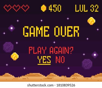 Arcade computer game over interface composition with gaming screen and player menu with level and money vector illustration