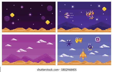 Arcade Computer Game Set Of Four Horizontal Compositions With 8bit Extraterrestrial Landscapes For Space Combat Game Vector Illustration