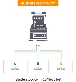 Arcade, console, game, machine, play Business Flow Chart Design with 3 Steps. Glyph Icon For Presentation Background Template Place for text.