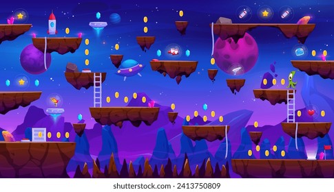 Arcade dark space planet game level map, vector interface with UFO and golden coins. Gems, stone platforms and stairs with rocket, planet spaceship shuttle and funny alien monster for kids arcade game