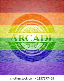 Arcade emblem on mosaic background with the colors of the LGBT flag