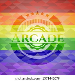 Arcade emblem on mosaic background with the colors of the LGBT flag