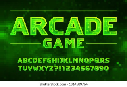 Arcade Game alphabet font. Pixel letters, numbers and symbols. Digital background. 80s arcade video game typescript.