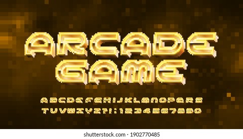 Arcade Game alphabet font. Pixel letters and numbers in 80s style. Pixel background. 80s video game typescript.